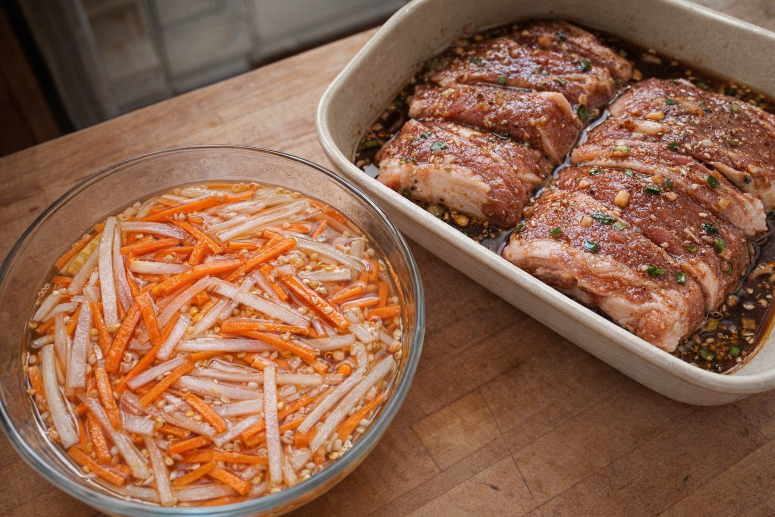 A top-down shot of julienned carrots and daikon radish in a glass bowl, submerged in a pickling liquid. Beside the bowl, sliced pork marinating in a ceramic dish